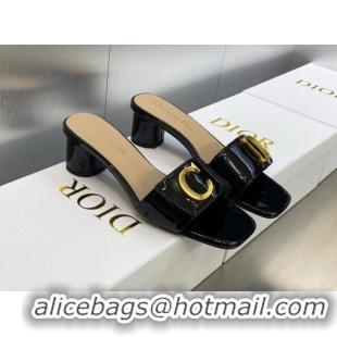 Durable Dior C'est Dior Heeled Slide Sandals 4.5cm in Black Patent Calfskin with CD Letters 606086