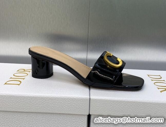 Durable Dior C'est Dior Heeled Slide Sandals 4.5cm in Black Patent Calfskin with CD Letters 606086