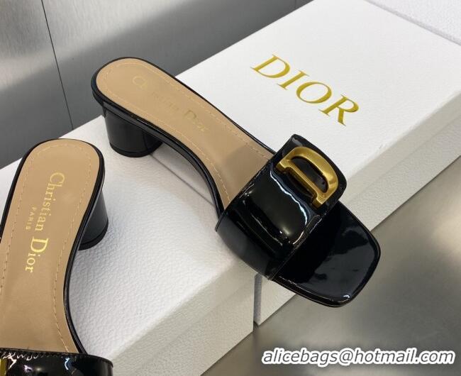 Durable Dior C'est Dior Heeled Slide Sandals 4.5cm in Black Patent Calfskin with CD Letters 606086