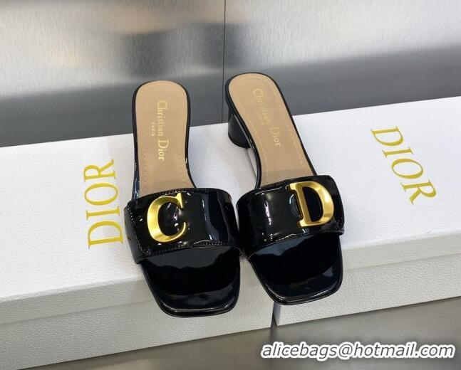 Durable Dior C'est Dior Heeled Slide Sandals 4.5cm in Black Patent Calfskin with CD Letters 606086