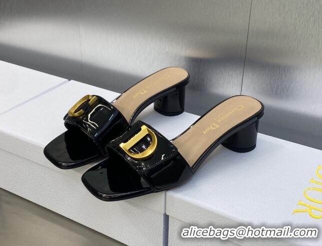 Durable Dior C'est Dior Heeled Slide Sandals 4.5cm in Black Patent Calfskin with CD Letters 606086