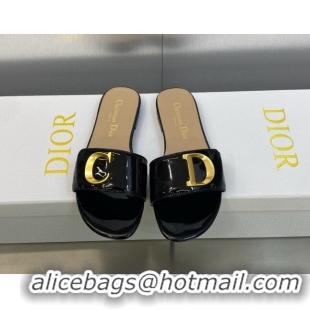 Unique Style Dior C'est Dior Flat Slide Sandals in Black Patent Calfskin with CD Letters 606087