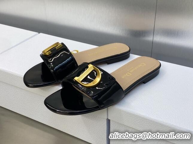 Unique Style Dior C'est Dior Flat Slide Sandals in Black Patent Calfskin with CD Letters 606087