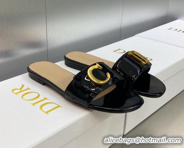 Unique Style Dior C'est Dior Flat Slide Sandals in Black Patent Calfskin with CD Letters 606087