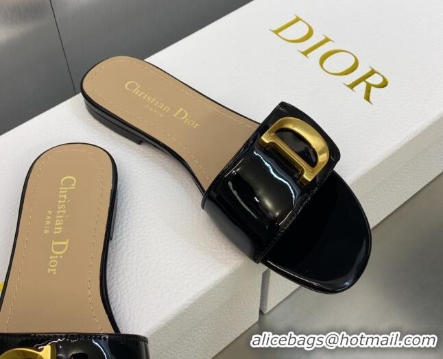 Unique Style Dior C'est Dior Flat Slide Sandals in Black Patent Calfskin with CD Letters 606087