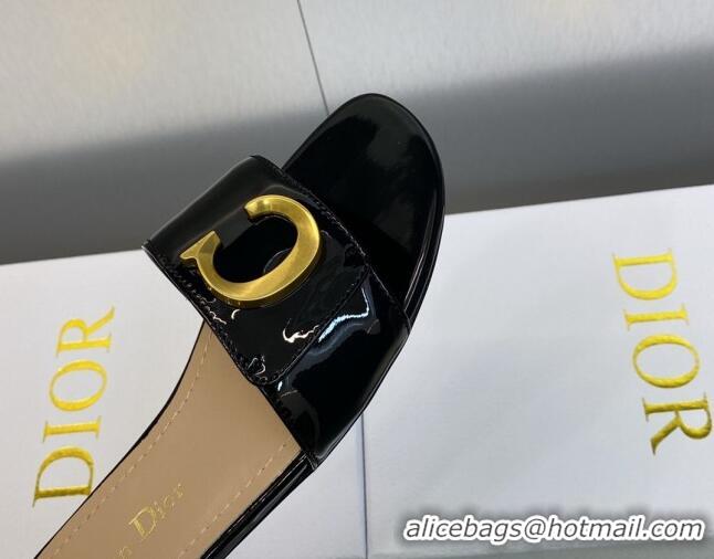 Unique Style Dior C'est Dior Flat Slide Sandals in Black Patent Calfskin with CD Letters 606087