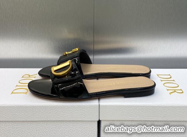 Unique Style Dior C'est Dior Flat Slide Sandals in Black Patent Calfskin with CD Letters 606087