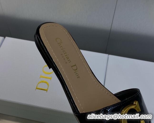 Unique Style Dior C'est Dior Flat Slide Sandals in Black Patent Calfskin with CD Letters 606087