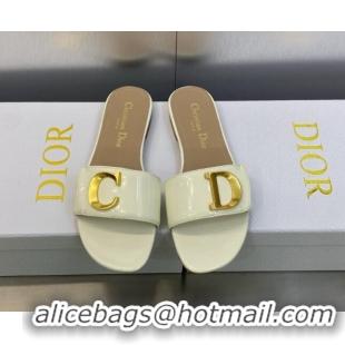 Durable Dior C'est Dior Flat Slide Sandals in White Patent Calfskin with CD Letters 606089