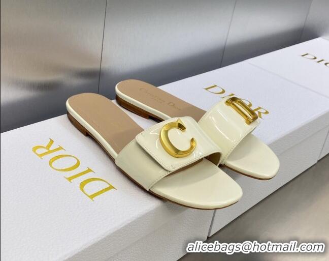 Durable Dior C'est Dior Flat Slide Sandals in White Patent Calfskin with CD Letters 606089