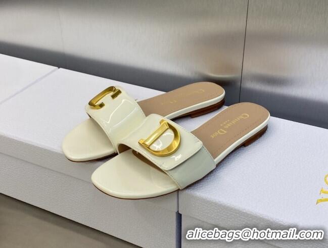 Durable Dior C'est Dior Flat Slide Sandals in White Patent Calfskin with CD Letters 606089