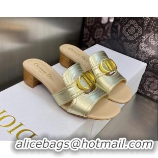 Shop Duplicate Dior 30 Montaigne Heeled Slide Sandals 4.5cm in Gold Yellow Metallic Calfskin 606090