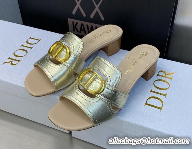 Shop Duplicate Dior 30 Montaigne Heeled Slide Sandals 4.5cm in Gold Yellow Metallic Calfskin 606090