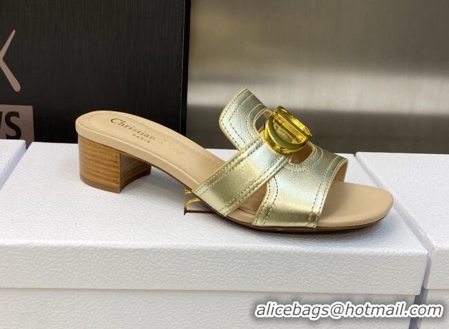 Shop Duplicate Dior 30 Montaigne Heeled Slide Sandals 4.5cm in Gold Yellow Metallic Calfskin 606090