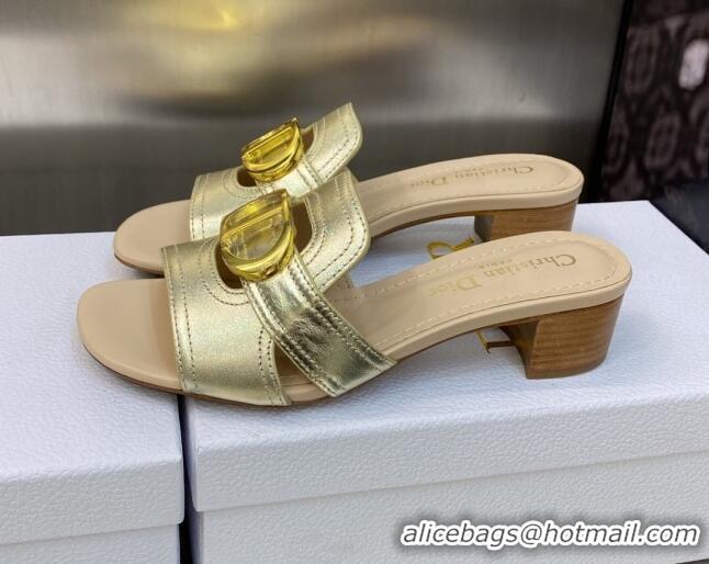 Shop Duplicate Dior 30 Montaigne Heeled Slide Sandals 4.5cm in Gold Yellow Metallic Calfskin 606090