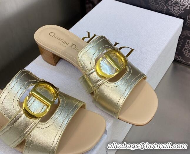 Shop Duplicate Dior 30 Montaigne Heeled Slide Sandals 4.5cm in Gold Yellow Metallic Calfskin 606090