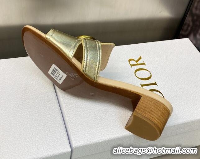 Shop Duplicate Dior 30 Montaigne Heeled Slide Sandals 4.5cm in Gold Yellow Metallic Calfskin 606090