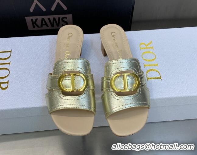 Shop Duplicate Dior 30 Montaigne Heeled Slide Sandals 4.5cm in Gold Yellow Metallic Calfskin 606090