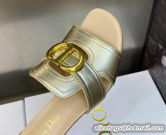 Shop Duplicate Dior 30 Montaigne Heeled Slide Sandals 4.5cm in Gold Yellow Metallic Calfskin 606090