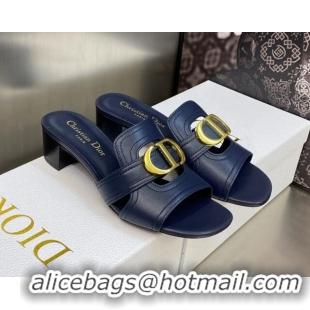 Luxury Dior 30 Montaigne Heeled Slide Sandals 4.5cm in Navy Blue Calfskin 606092