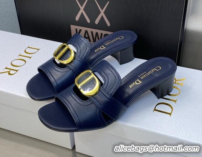 Luxury Dior 30 Montaigne Heeled Slide Sandals 4.5cm in Navy Blue Calfskin 606092