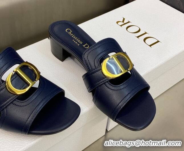 Luxury Dior 30 Montaigne Heeled Slide Sandals 4.5cm in Navy Blue Calfskin 606092