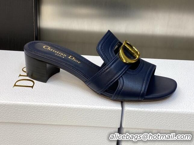 Luxury Dior 30 Montaigne Heeled Slide Sandals 4.5cm in Navy Blue Calfskin 606092