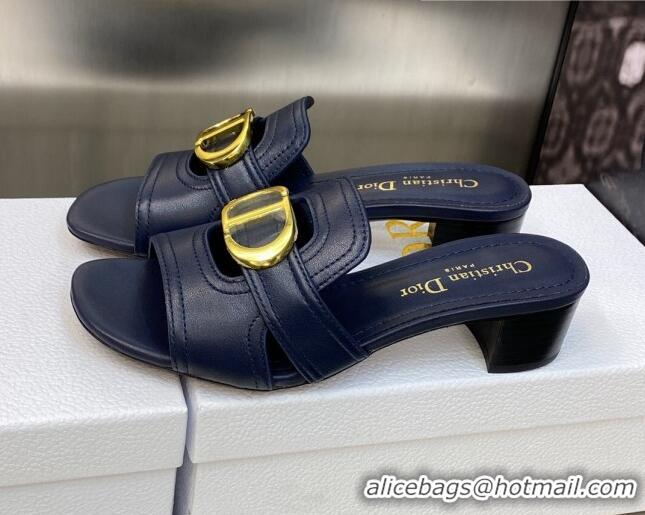 Luxury Dior 30 Montaigne Heeled Slide Sandals 4.5cm in Navy Blue Calfskin 606092