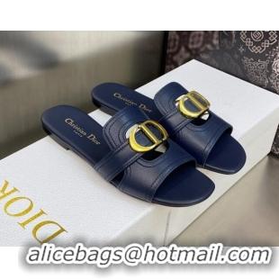 Luxury Cheap Dior 30 Montaigne Flat Slide Sandals in Navy Blue Calfskin 606093