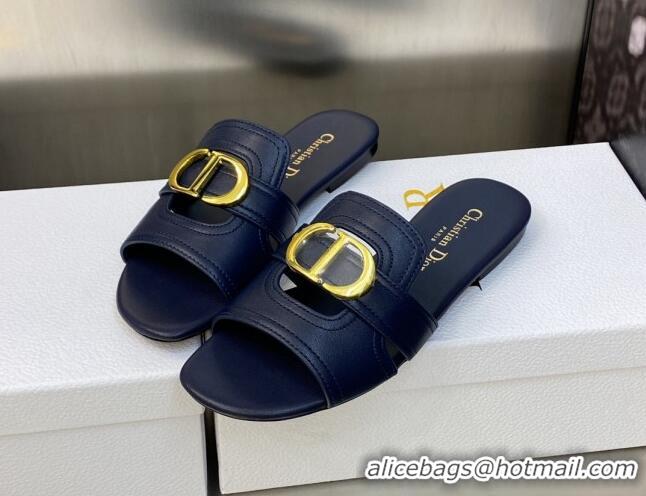 Luxury Cheap Dior 30 Montaigne Flat Slide Sandals in Navy Blue Calfskin 606093