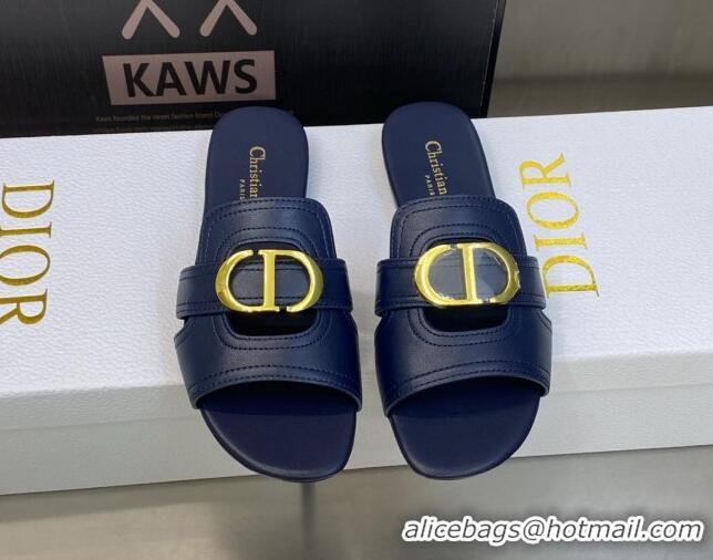 Luxury Cheap Dior 30 Montaigne Flat Slide Sandals in Navy Blue Calfskin 606093