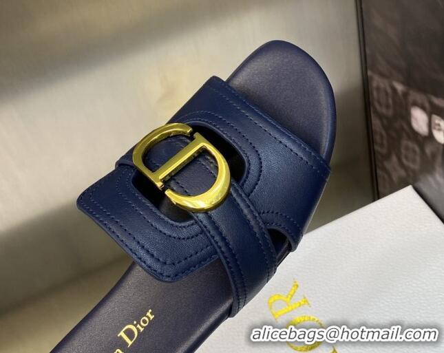 Luxury Cheap Dior 30 Montaigne Flat Slide Sandals in Navy Blue Calfskin 606093