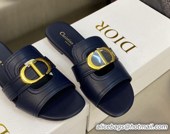 Luxury Cheap Dior 30 Montaigne Flat Slide Sandals in Navy Blue Calfskin 606093