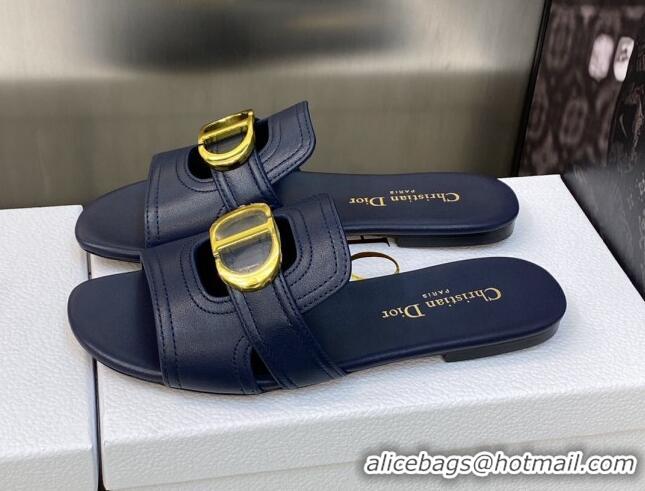 Luxury Cheap Dior 30 Montaigne Flat Slide Sandals in Navy Blue Calfskin 606093