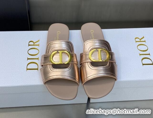 Discount Dior 30 Montaigne Flat Slide Sandals in Rose Gold Metallic Calfskin 606095