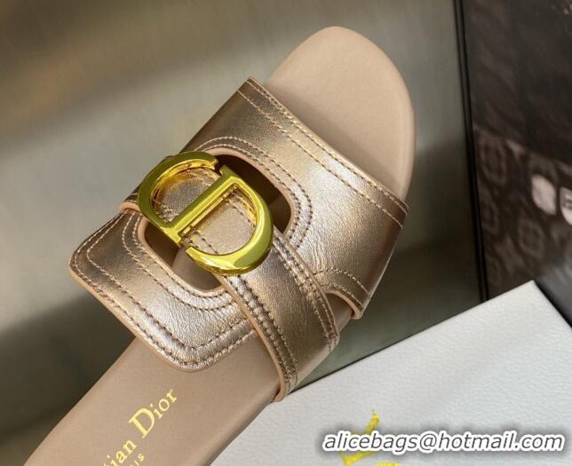 Discount Dior 30 Montaigne Flat Slide Sandals in Rose Gold Metallic Calfskin 606095