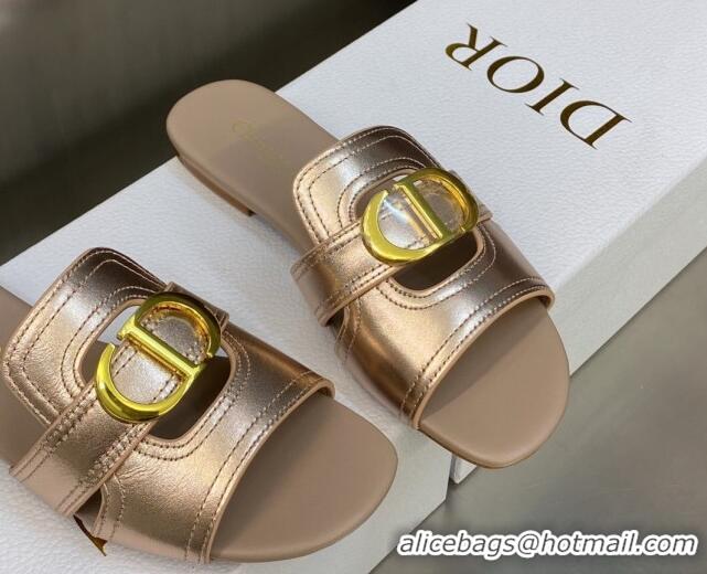 Discount Dior 30 Montaigne Flat Slide Sandals in Rose Gold Metallic Calfskin 606095