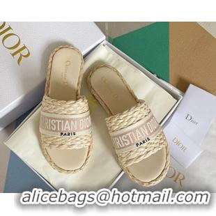 Best Product Dior Dway Flat Slides Sandals in Raffia and Embroidered Cotton Beige/Pink 620003