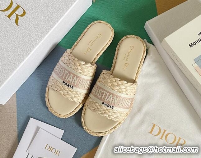 Best Product Dior Dway Flat Slides Sandals in Raffia and Embroidered Cotton Beige/Pink 620003