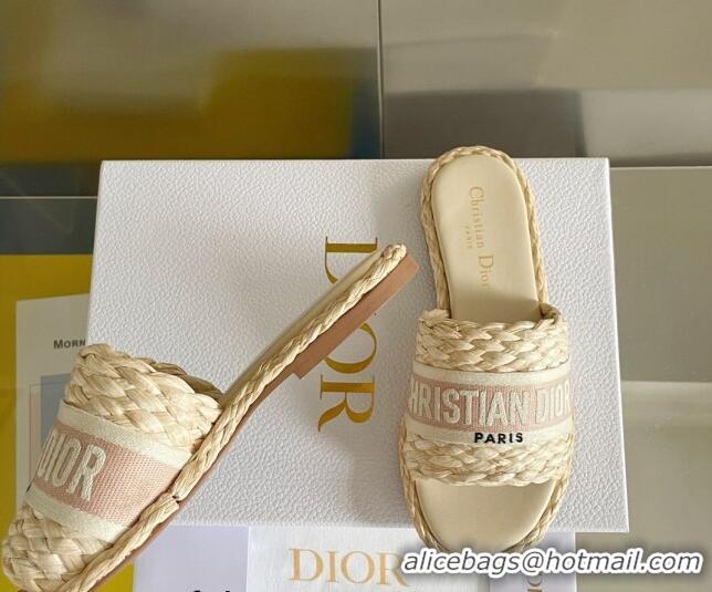 Best Product Dior Dway Flat Slides Sandals in Raffia and Embroidered Cotton Beige/Pink 620003