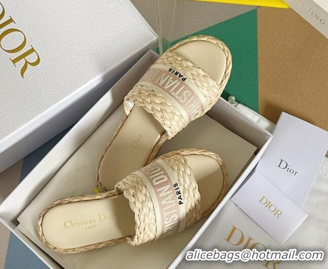 Best Product Dior Dway Flat Slides Sandals in Raffia and Embroidered Cotton Beige/Pink 620003