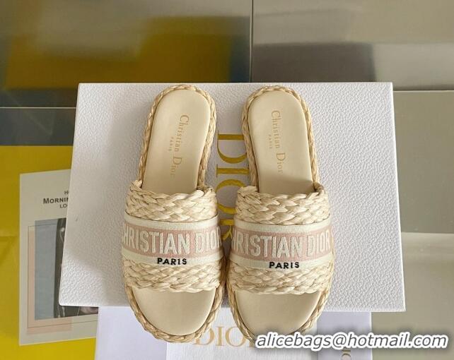 Best Product Dior Dway Flat Slides Sandals in Raffia and Embroidered Cotton Beige/Pink 620003