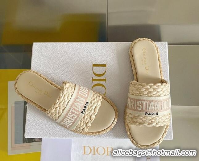 Best Product Dior Dway Flat Slides Sandals in Raffia and Embroidered Cotton Beige/Pink 620003