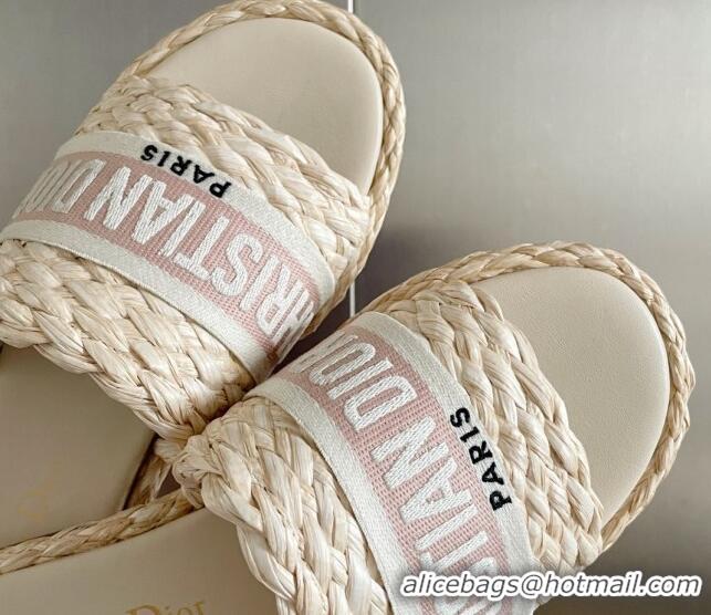 Best Product Dior Dway Flat Slides Sandals in Raffia and Embroidered Cotton Beige/Pink 620003