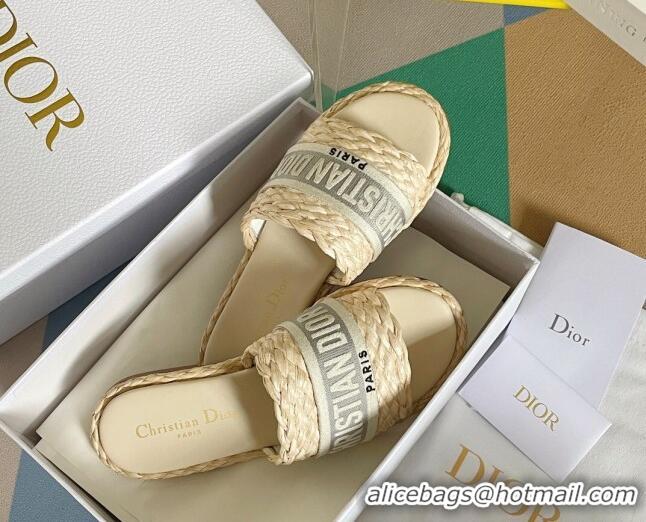 Pretty Style Dior Dway Flat Slides Sandals in Raffia and Embroidered Cotton Beige/Grey 620004