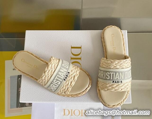 Pretty Style Dior Dway Flat Slides Sandals in Raffia and Embroidered Cotton Beige/Grey 620004