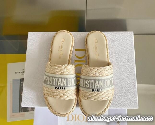 Pretty Style Dior Dway Flat Slides Sandals in Raffia and Embroidered Cotton Beige/Grey 620004