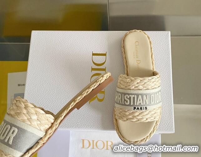 Pretty Style Dior Dway Flat Slides Sandals in Raffia and Embroidered Cotton Beige/Grey 620004