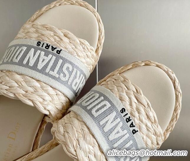 Pretty Style Dior Dway Flat Slides Sandals in Raffia and Embroidered Cotton Beige/Grey 620004