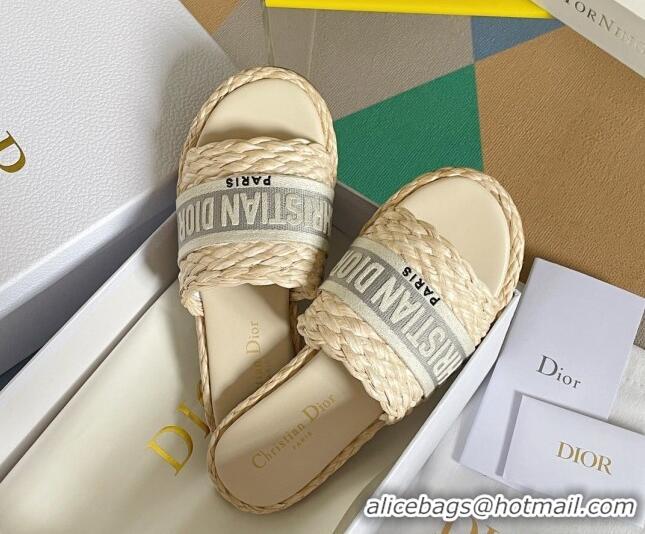 Pretty Style Dior Dway Flat Slides Sandals in Raffia and Embroidered Cotton Beige/Grey 620004